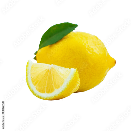Fresh Lemon with Slices and Leaf on Transparent Background