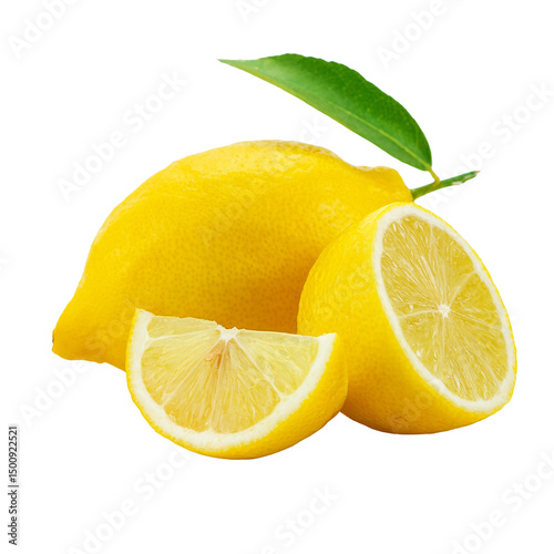 Fresh Lemon with Slices and Leaf on Transparent Background