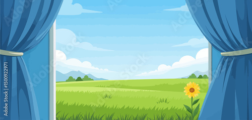 Peaceful Meadow View Through Blue Curtains