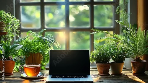 Cozy workspace with a laptop and tea surrounded by lush plants near a sunlit window