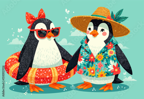 Penguins in Tropical Attire Enjoying Summer Bliss