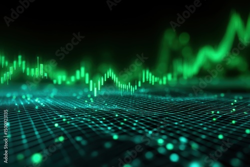 Green graph overlayed on grid of glowing dots, suggesting data analysis and growth