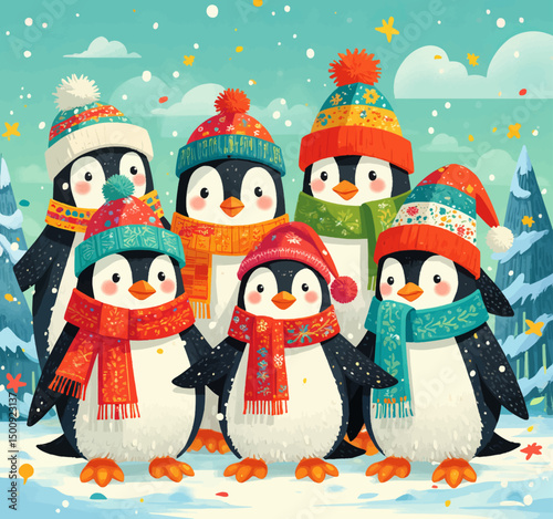 Penguins in Winter Gear Celebrating in Snowy Landscape