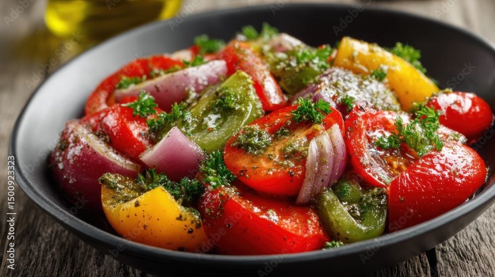 Sautéed peppers & onions, sprinkled with herbs in a black bowl, sits on a rustic wood table Sautéed peppers & onions, sprinkled with herbs in a black bowl, sits on a rustic wood table