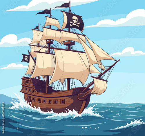 Pirate Ship Sails Stormy Seas with Skull Flag