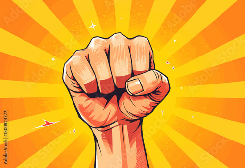 Powerful Fist Clenched in Vibrant Sunburst, Symbolizing Strength and Determination