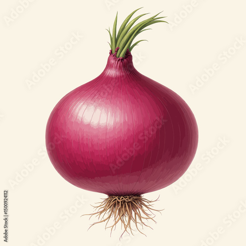 Richly Colored Onion with Green Sprouts on White Background