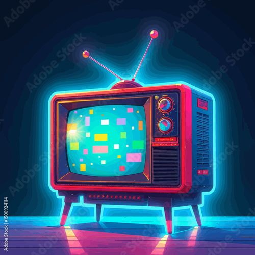 Retro TV Glow: Neon Squares on Vintage Set