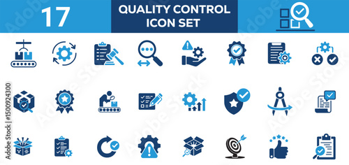 Quality Control Icon Set Containing inspection, production, analysis, research, approved solid icons collection white background