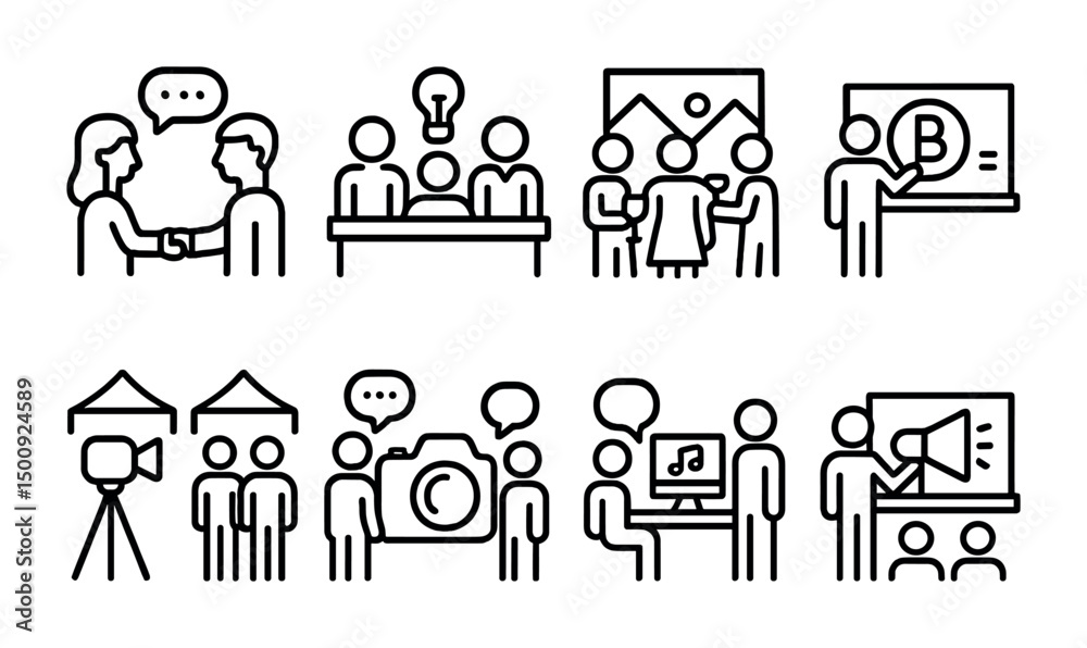 Business and media collaboration icons for creative projects