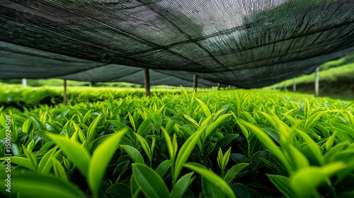 Close-up of green tea leaves growing under protective shade in a tea field