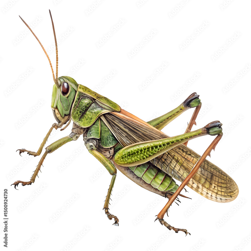 Fototapeta premium Detailed Closeup of a Vibrant Green Grasshopper, Isolated on Black Background, Showcasing Intricate Wing and Leg Details. A Masterpiece of Natures Art.