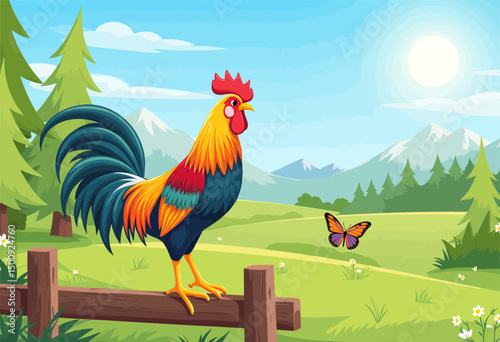 Rustic Rooster in Serene Meadow, Butterfly Flying