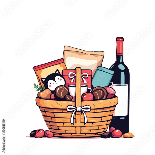 Vsai wicker gift basket overflowing with treats, wine, and a plush toy