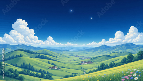 Serene Mountain Valley at Dusk with Wildflowers and Starry Sky