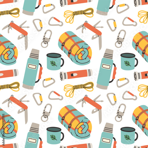 Seamless pattern with camping elements on white background. Colorful vector flat style. Hand drawn design for fabric, print, wrapper, textile