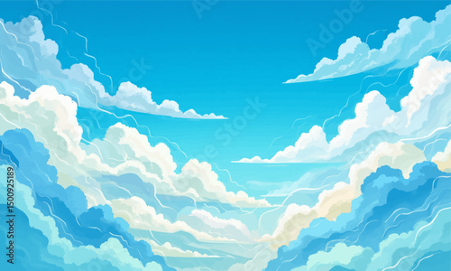 Serene Sky with Fluffy Clouds and Blue Horizon