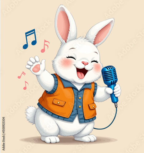 Singing Bunny in Leather Vest, Music Notes, Joyful Performance