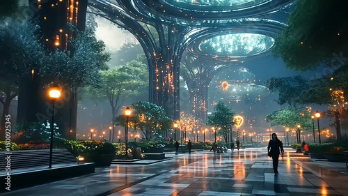 Serene urban park at twilight with glowing trees and futuristic architecture, peaceful ambiance