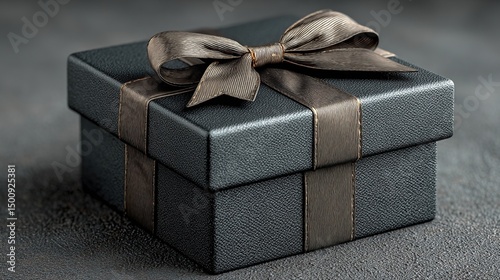 3D Realistic Black Gift Box with an Intricate Ribbon Bow, Isolated on a Dark Grey Background in a Top View. 