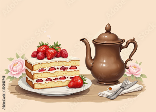 Strawberry Cake Delight with Teapot and Roses