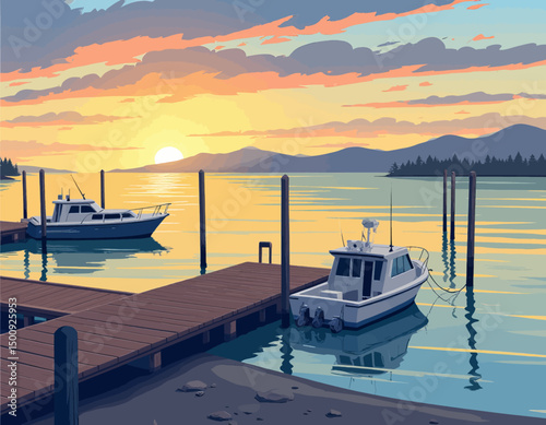 Sunset Marina Serenity: Boats at Dock with Mountain Reflection