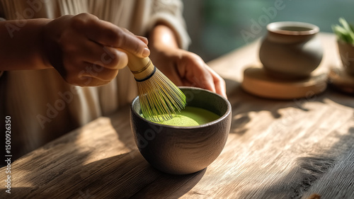 Preparing matcha tea on a wooden table in a sunny peaceful room