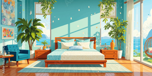 Tropical Bedroom Oasis with Ocean View and Lush Plants