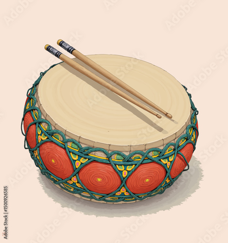 Traditional Drum with Intricate Patterns and Drumsticks