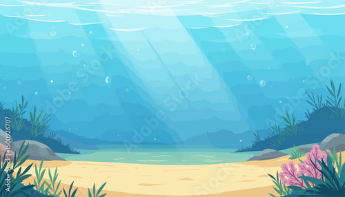 Underwater Serenity: Sunlit Seabed with Bubbles and Coral
