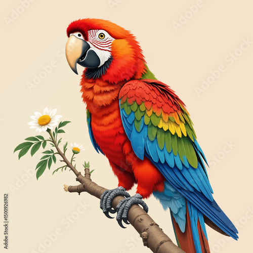 Vibrant Parrot Perched on Branch with White Flowers