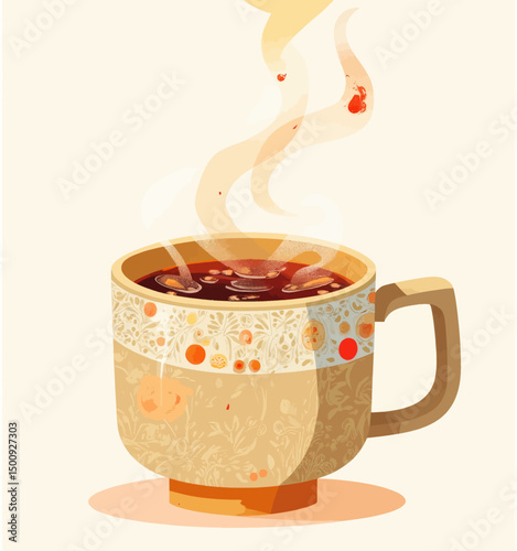 Warm Coffee Mug with Steam and Patterns