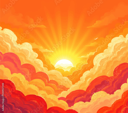 Warm Sunrise Over Clouds in Autumnal Sky