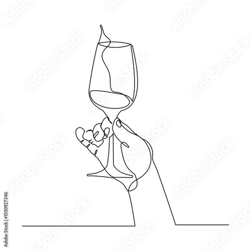 Continuous single line hand holding wine cocktail glass for party event sketch drawing editable stroke vector illustration