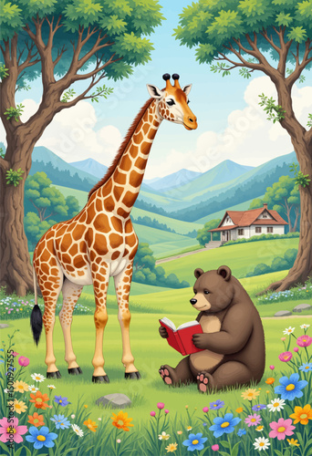 Whimsical Forest Reading: Bear and Giraffe in Spring Meadow
