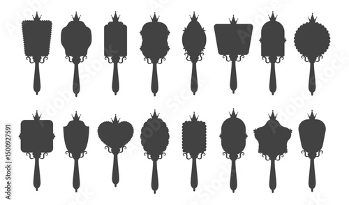 Princess mirror. Set of black mirrors silhouette with crowns. Cute vintage element for birthday party decoration. Vector illustration in flat cartoon style.