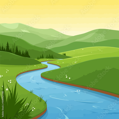 Winding River Through Lush Green Valley