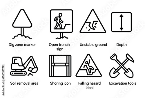 Safety icons set for construction sites and hazard warnings