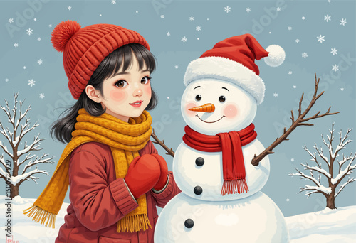 Winter Joy: Girl and Snowman in Snowy Forest