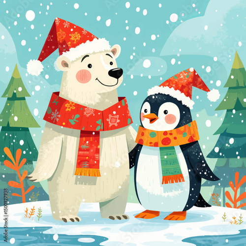 Winter Friends: Penguin and Polar Bear in Snowy Forest