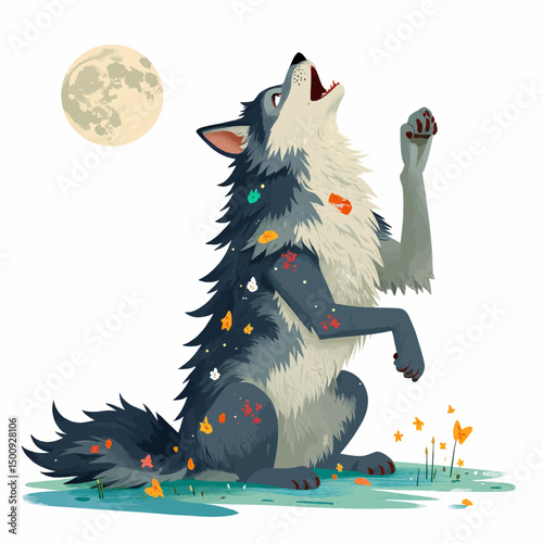 Wolf Howling Under Moonlit Autumn Night with Fallen Leaves