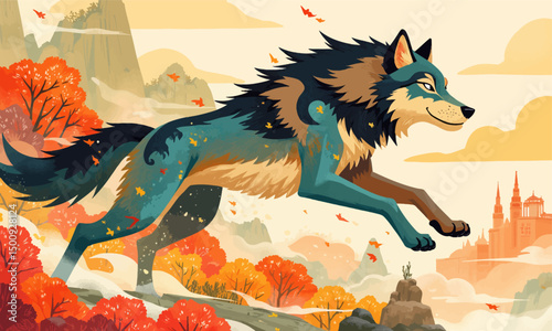 Wolf Running Through Autumn Landscape