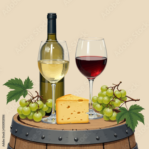 Wine and Cheese Delight on Barrel with Grapes