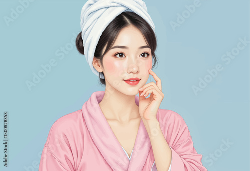 Young Woman in Pink Robe with Towel Hair, Relaxed Morning