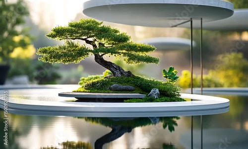 Serene bonsai tree on a floating platform surrounded by tranquil water and lush greenery