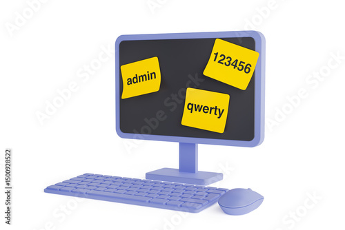 Cybersecurity Risk From Weak Passwords. Computer Monitor With Sticky Notes Showing Common Passwords. 3d Rendering