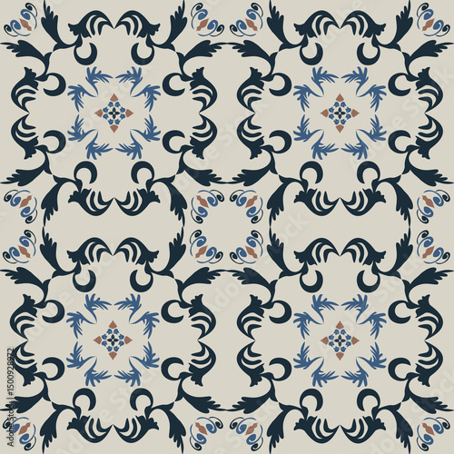 Seamless vintage damask floral tile design in blue and earthy tones, perfect for textile prints and home decor.