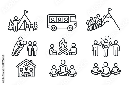 Outdoor adventure camping and team building activities icons collection