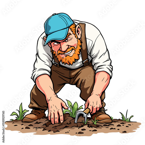 Vsai farmer digging soil with hand cultivator and planting seedlings