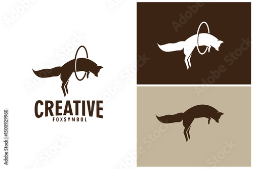 Fox running with jump enter the circle silhouette logo vector design illustration